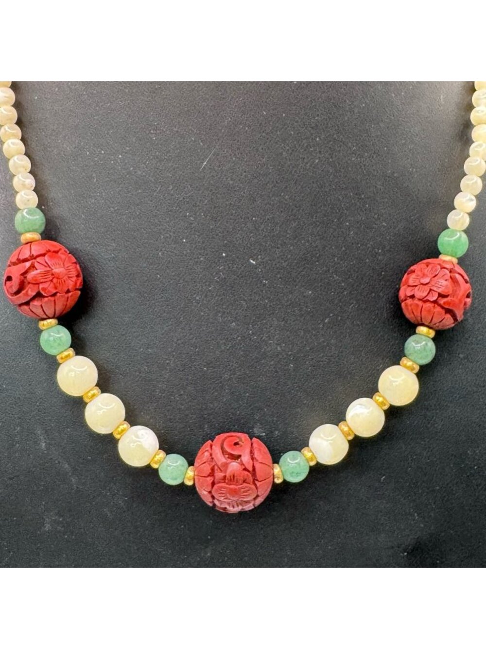 Vintage Hand-Carved Red Cinnabar Rose Flower Beads Agate Green Jade Necklace 17"